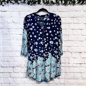 R&B Collection Size XL Blue Casual Polka Dot Stretch Jersey 3/4 Sleeve Tunic Top